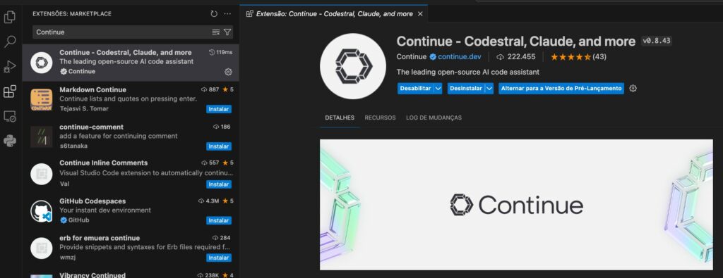 Imagem mostrando a extensão do Continue na IDE VSCode