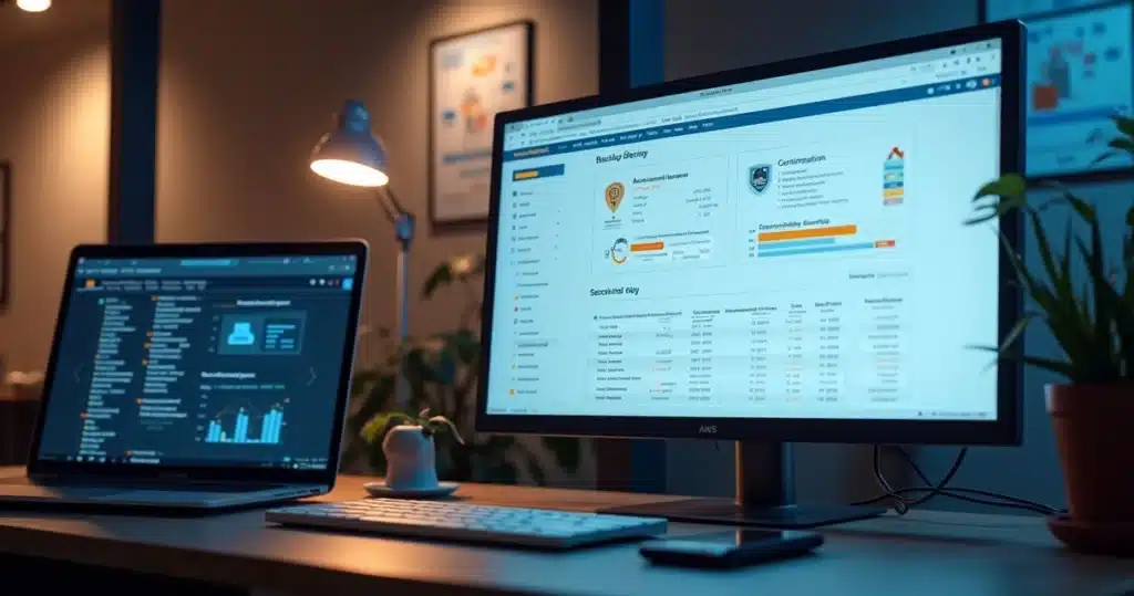 Tela de computador exibindo painel de controle AWS com gráficos de backups automáticos e status de segurança