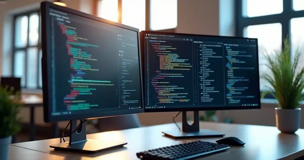 Computadores com telas exibindo código e painéis de controle de deploy manual em um ambiente de escritório moderno e iluminado