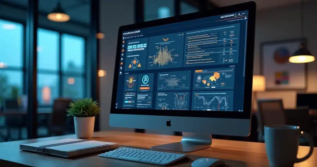 Tela de computador com código e gráficos interativos de machine learning em ambiente AWS, com alertas visuais destacando erros comuns