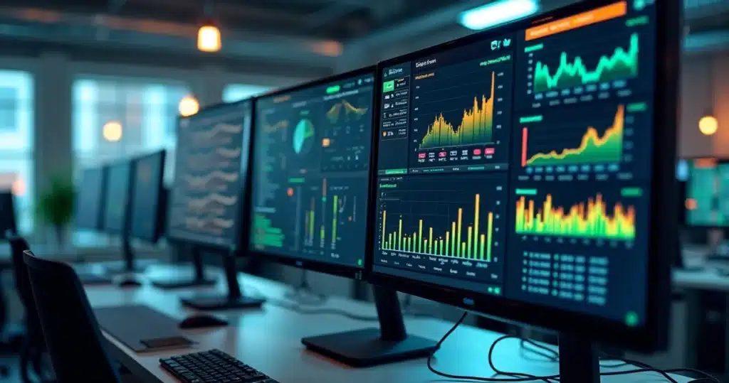 Dashboard digital moderno com gráficos de monitoramento em tempo real e alertas de sistemas AWS