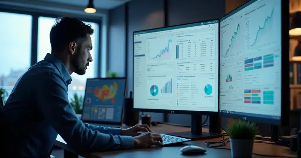 Profissional analisando tela com dashboard de auditoria AWS, gráficos e alertas em ambiente moderno de escritório