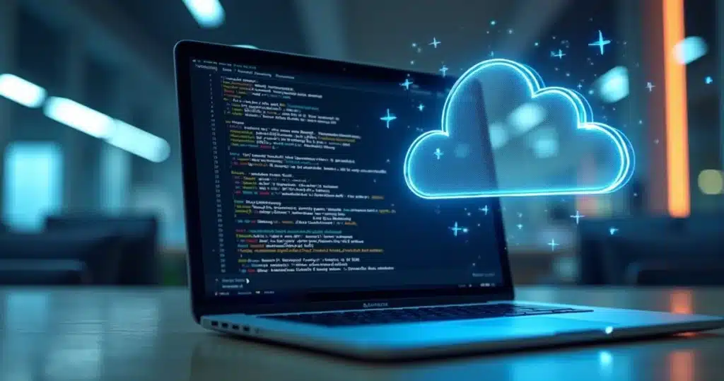Computador moderno exibindo código AWS Lambda e gráficos digitais de automação em nuvem