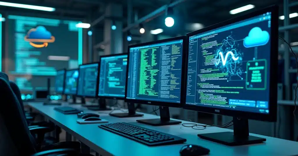 Representação realista de pipeline CI/CD automatizado na AWS com monitores exibindo códigos, gráficos de automação e nuvens digitais