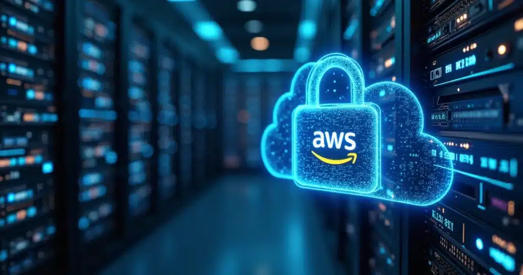 Representação detalhada de segurança cibernética na nuvem AWS com cadeado digital sobre servidores e conexões em rede