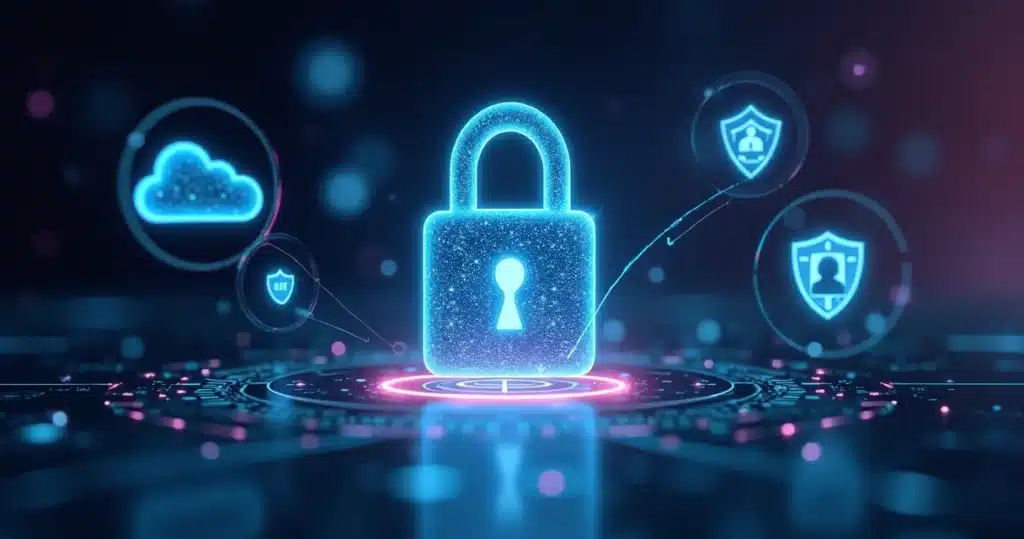 Interface digital com cadeado holográfico brilhante e ícones de nuvem, usuário e escudo representando segurança em nuvem