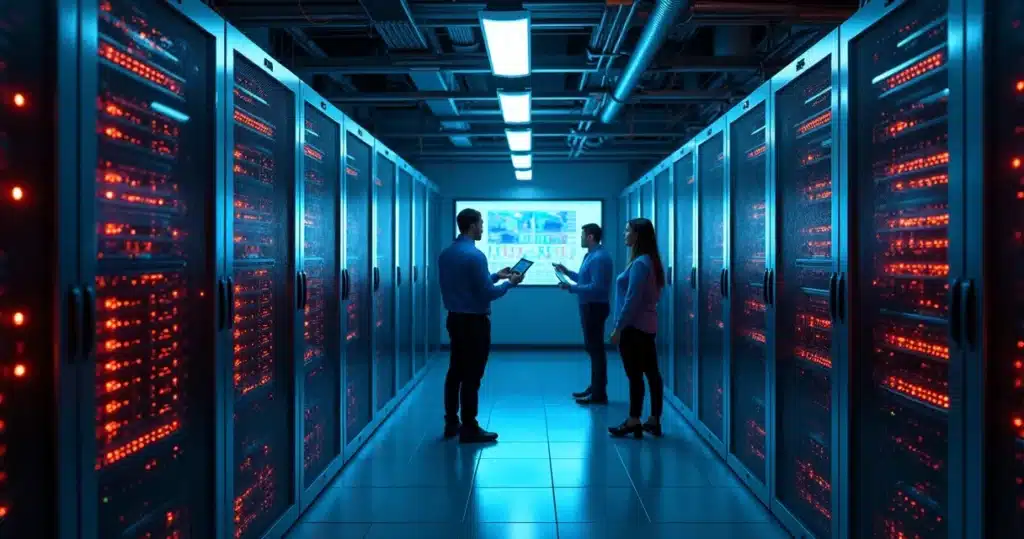 Racks de servidores em data center com luzes de alerta vermelhas e técnicos verificando equipamentos