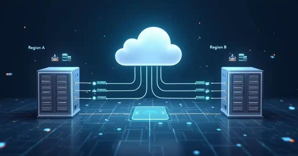 Diagrama em nuvem ilustrando alta disponibilidade em multi-AZ e multi-região na AWS