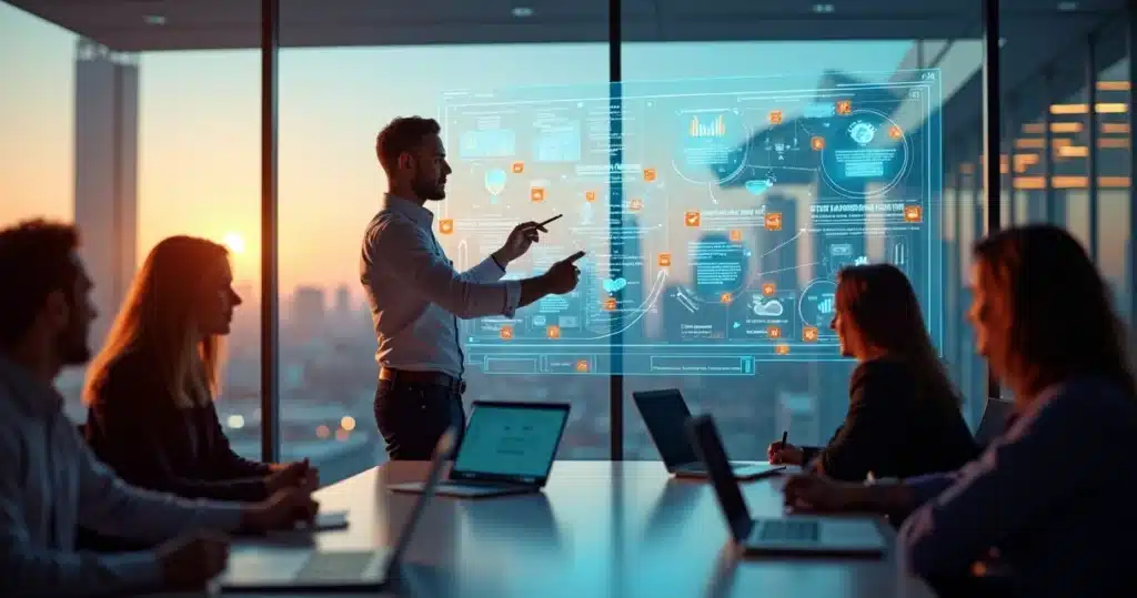 Empresários analisando arquitetura em nuvem da AWS em sala de reunião moderna