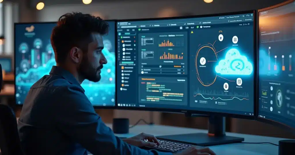 Profissional analisando painel do AWS Migration Hub com ícones de nuvem e servidores